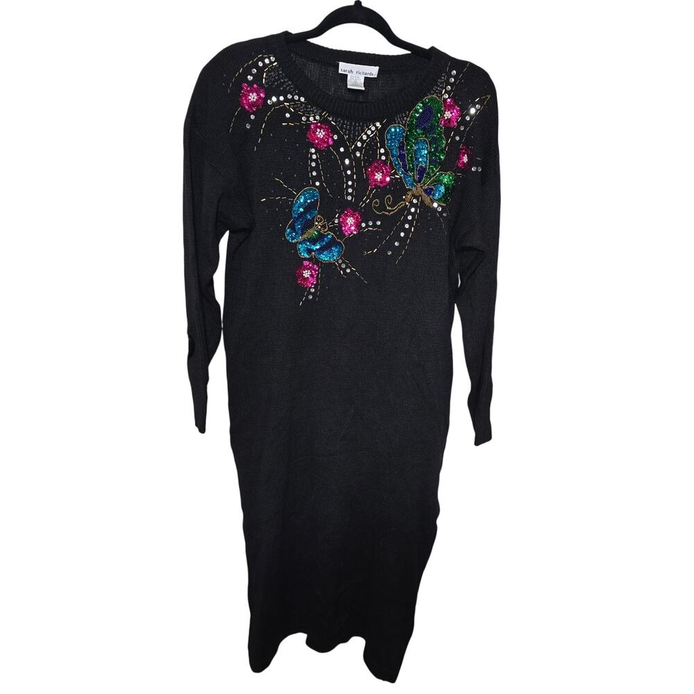 80s Black Knit Sweater Dress Sequin Butterflies Flowers Women’s Size L Stretch